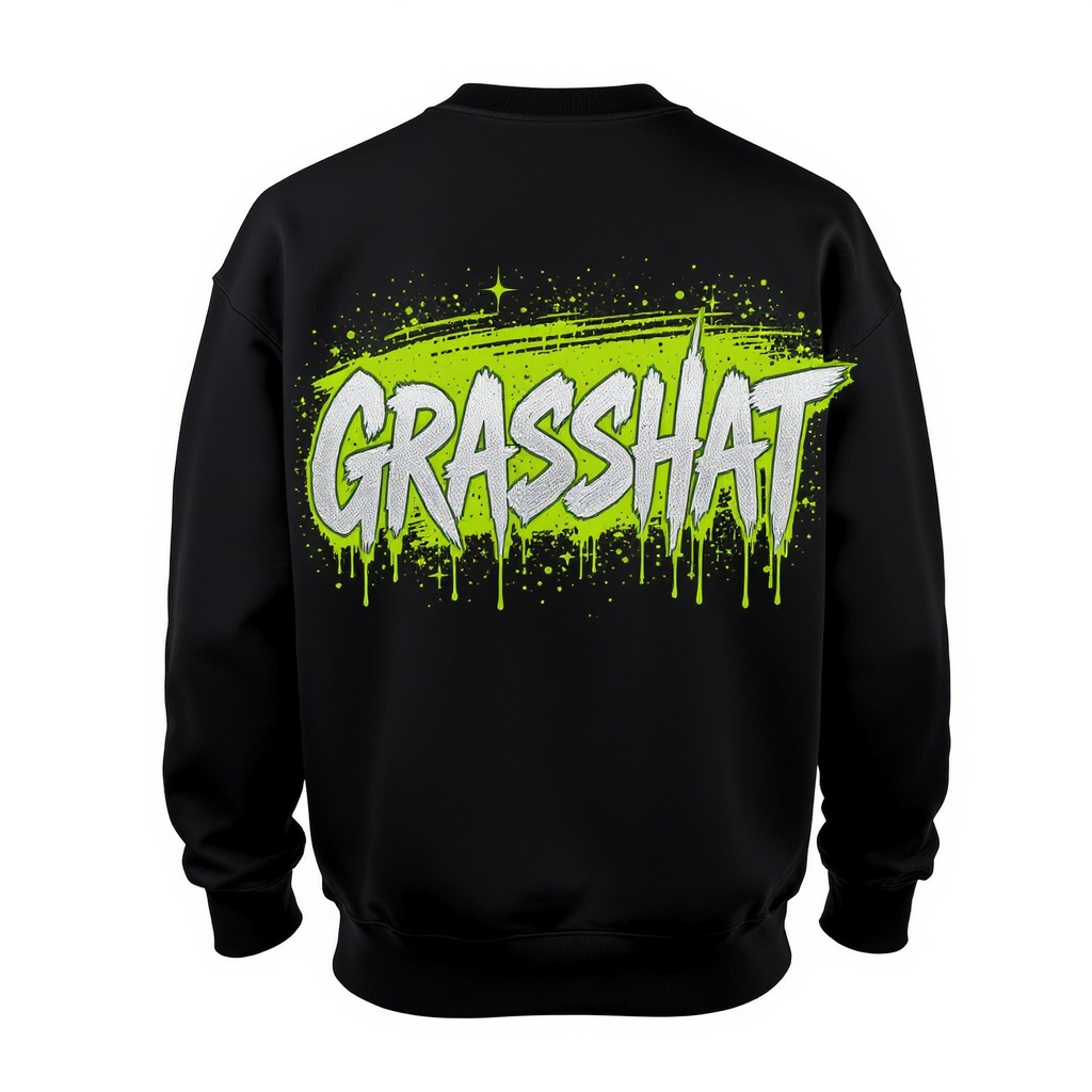 GRASSHAT v3 logo — full back blast on black heavyweight crewneck sweatshirt
