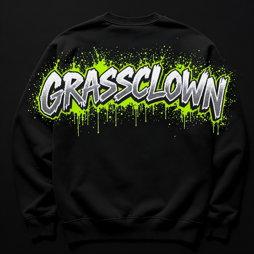 GRASSCLOWN v3 logo — full back blast on black heavyweight crewneck sweatshirt