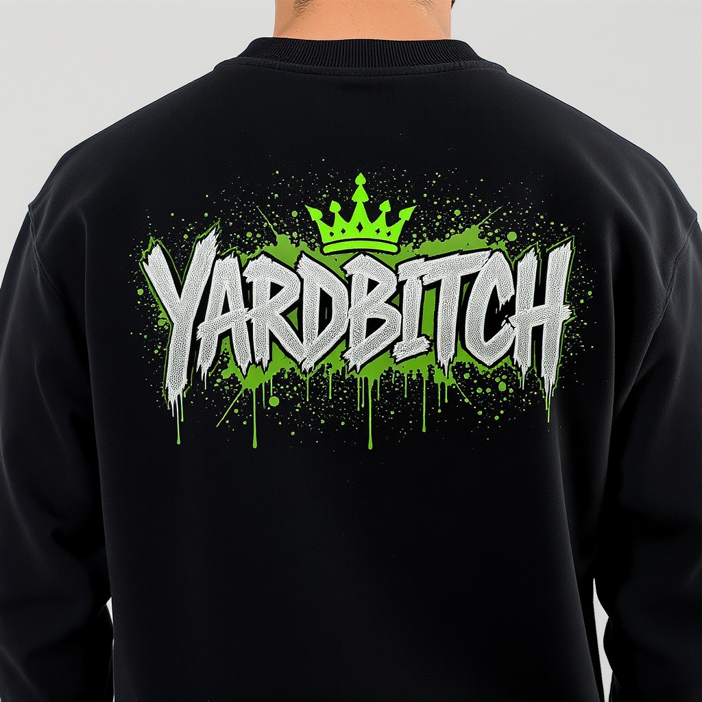 YARDBITCH v3 logo — full back blast on black heavyweight crewneck sweatshirt
