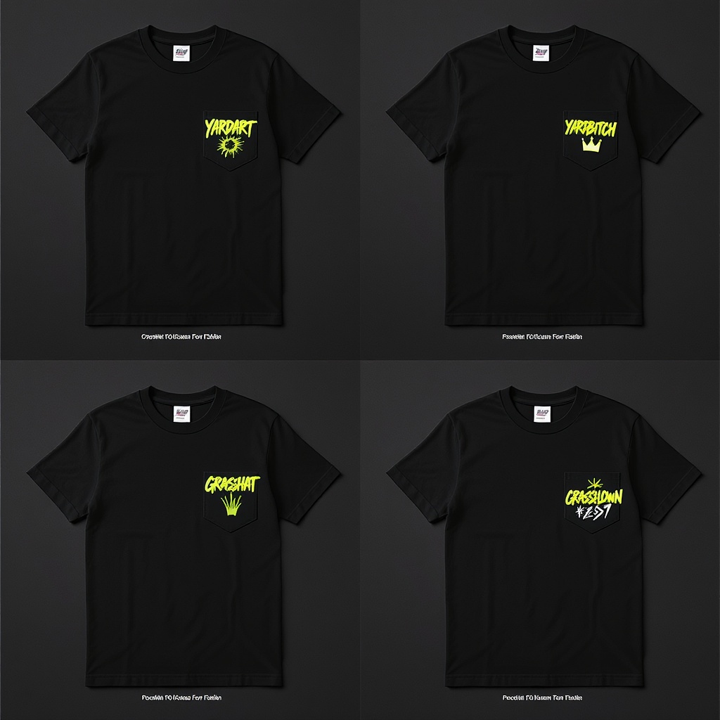 All four v3 logos — yardart, yardbitch, grasshat, grassclown — on left-chest pocket of black crew tees