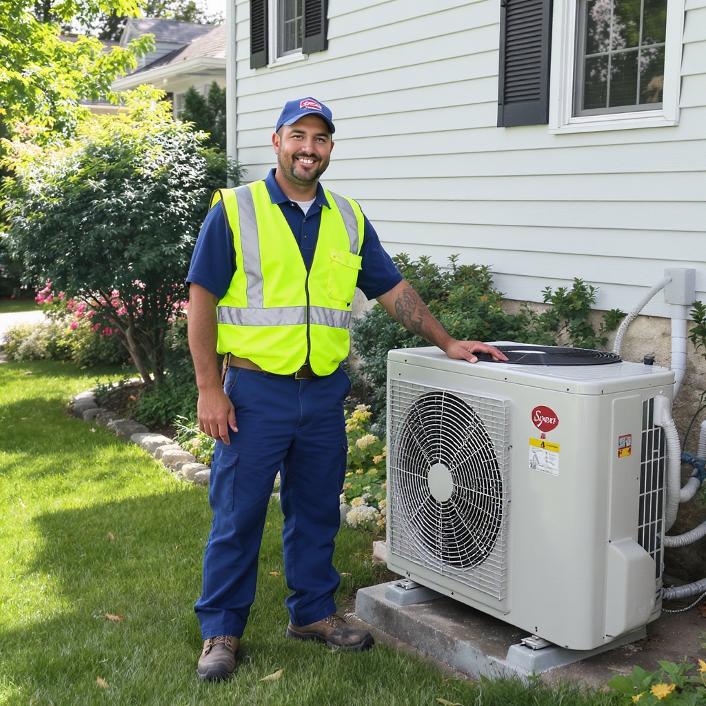 Professional HVAC technician servicing a residential air conditioning unit