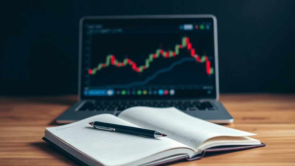 Options trading guide for beginners — notebook and laptop showing stock chart
