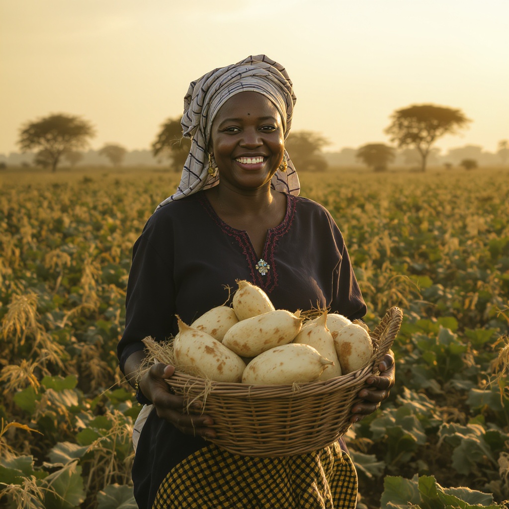 Nigerian farmer with cassava harvest — Alasca cooperative story