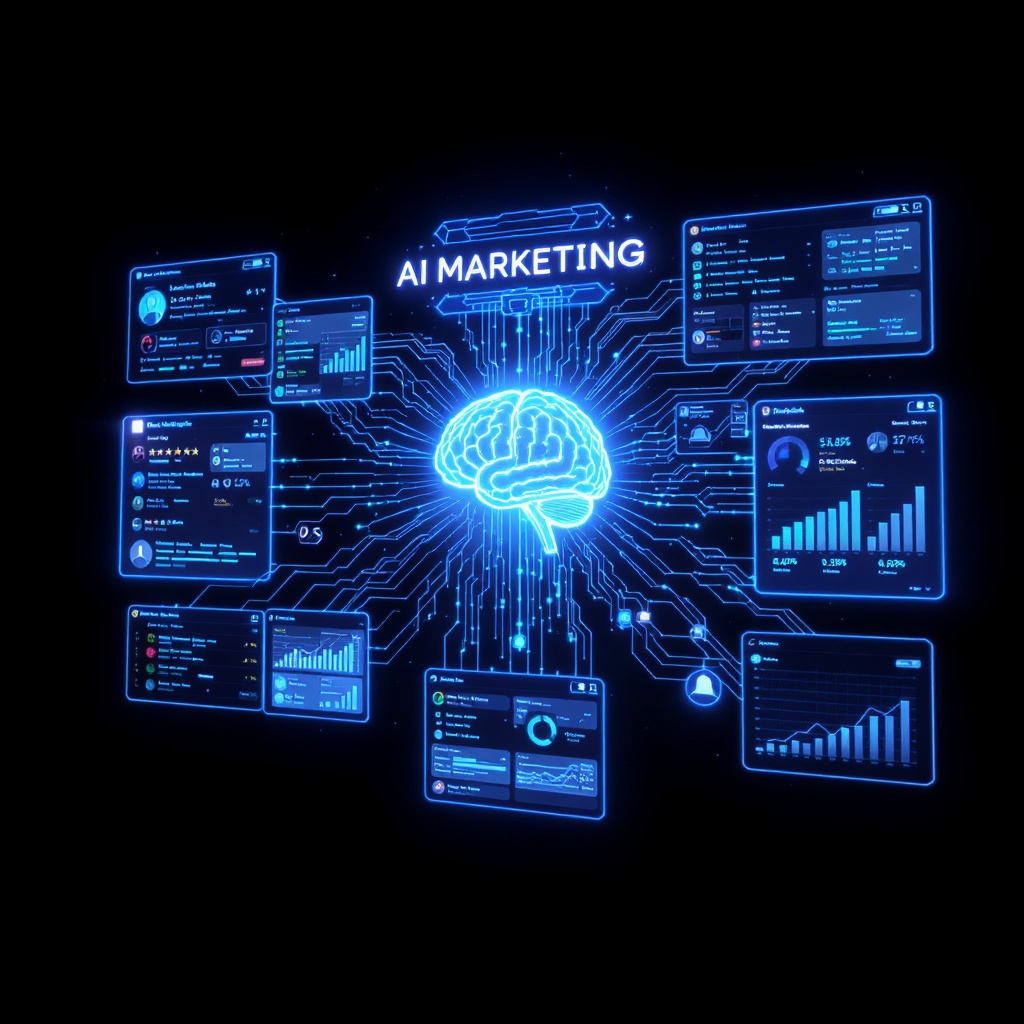 Routin AI marketing command center — glowing neural network, social feeds, 5-star reviews