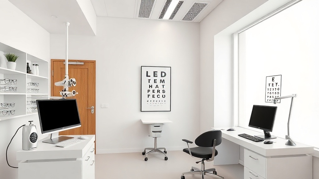 Modern optometry eye care exam room — bright clinical professional interior for multi-location optometry group marketing