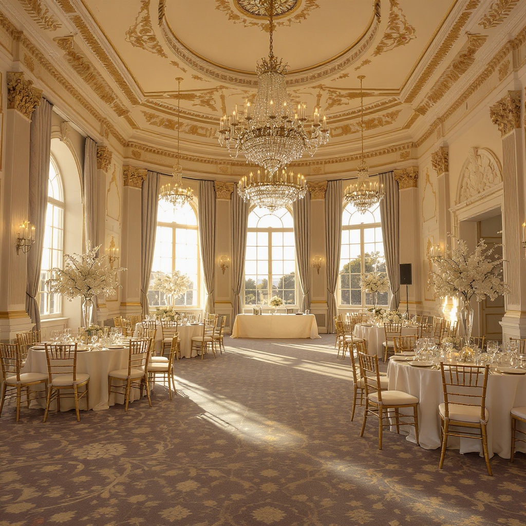 Elegant wedding venue ballroom with crystal chandeliers and gold table settings