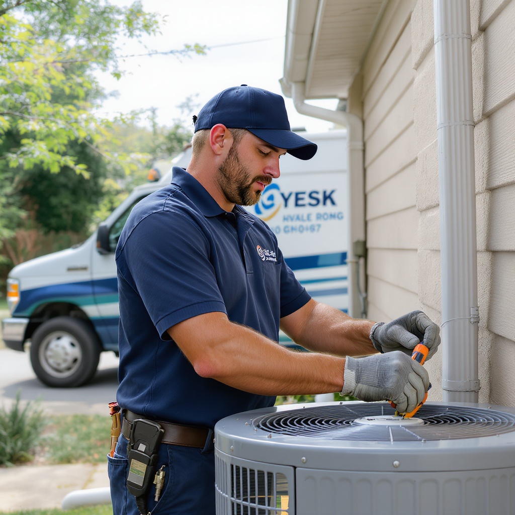 Branded home services technician at residential property with fleet truck — HVAC and multi-trade rollup marketing