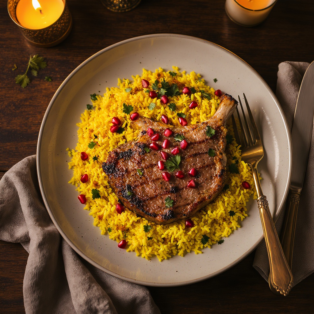 Saffron rice with grilled lamb chops, pomegranate, and herbs