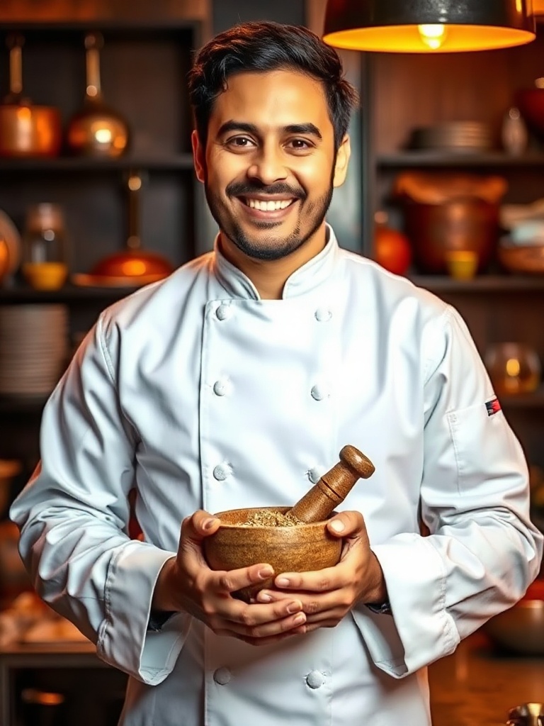 Chef in warm kitchen
