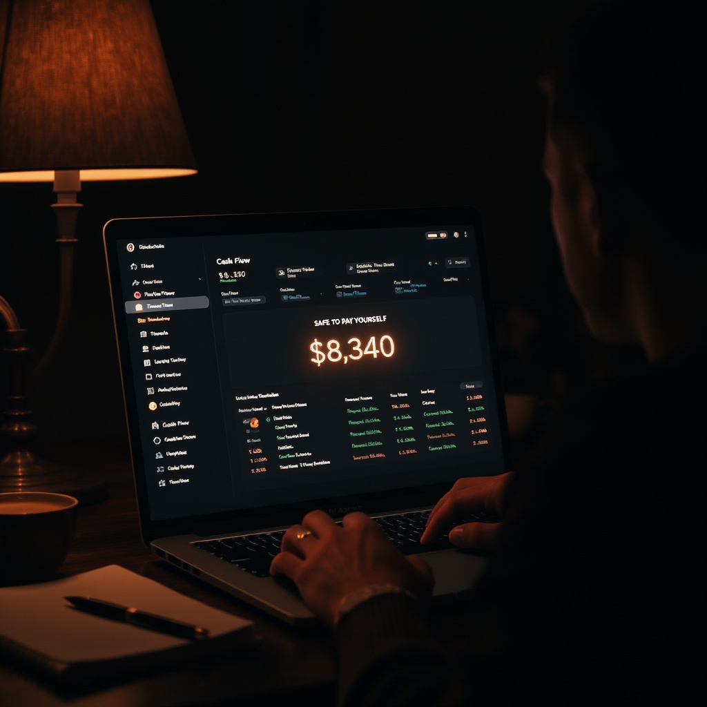 Founder working at desk with cash flow dashboard