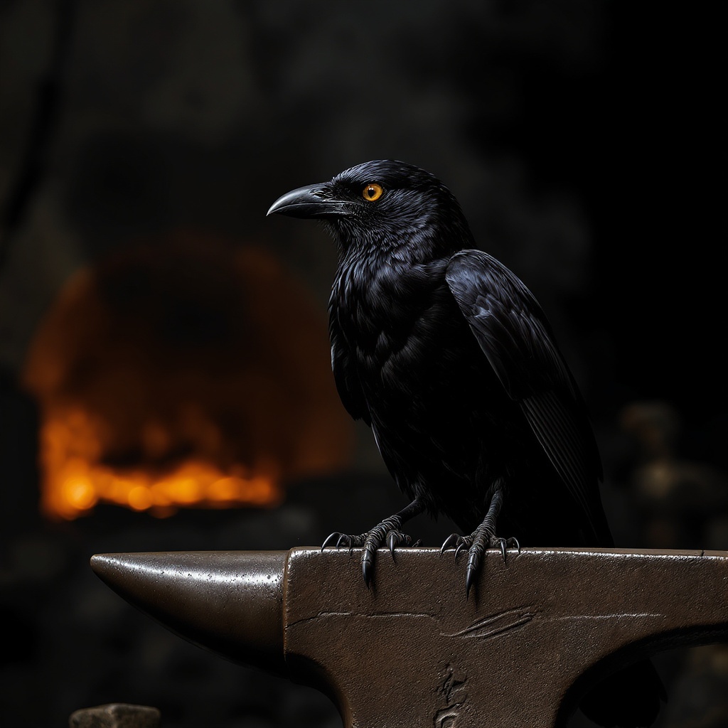 Raven on a blacksmith anvil, forge glow illuminating from below