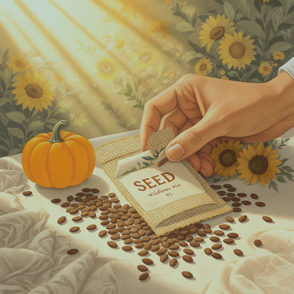 A hand holds an open seed packet surrounded by scattered seeds — pumpkin, sunflower, and wildflower