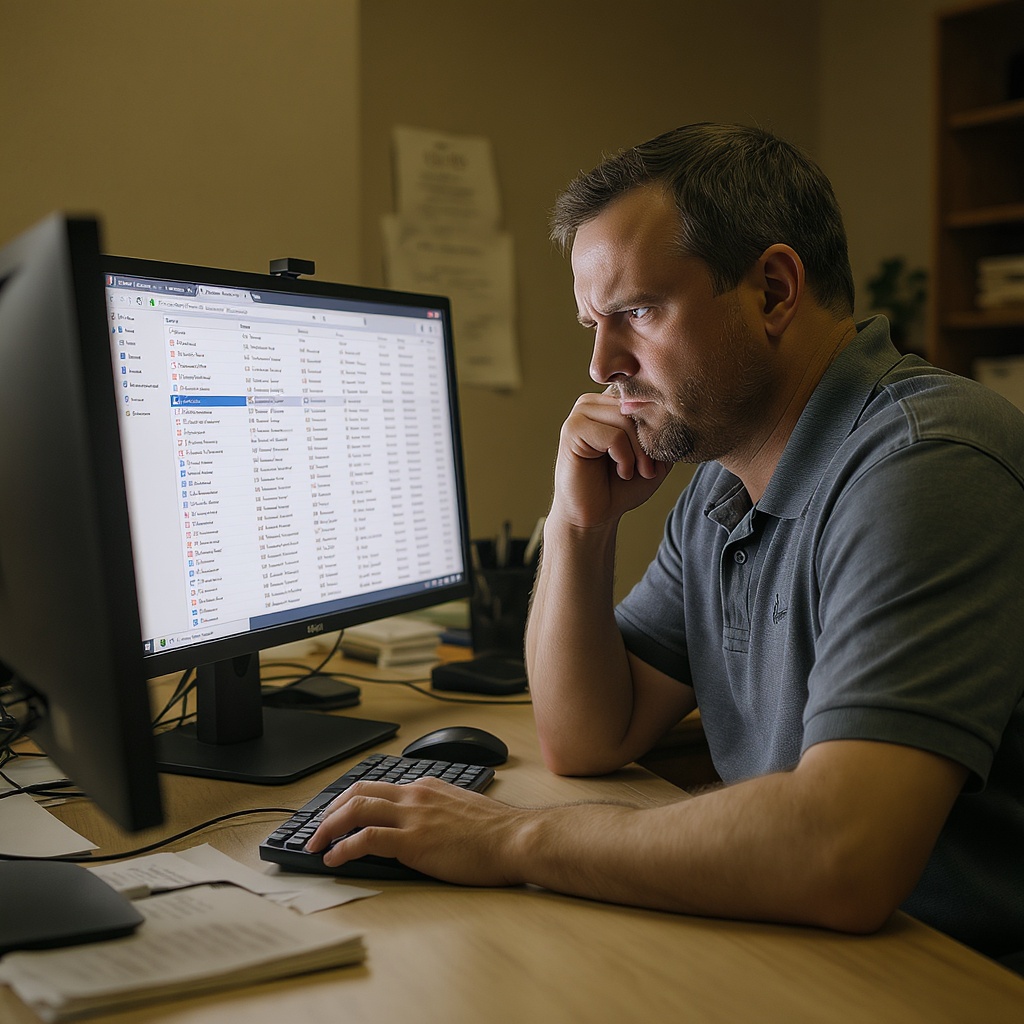 College football coach at his desk visibly annoyed, deleting bulk emails, inbox full of blast emails on screen, authentic recruiting office setting, realistic and relatable