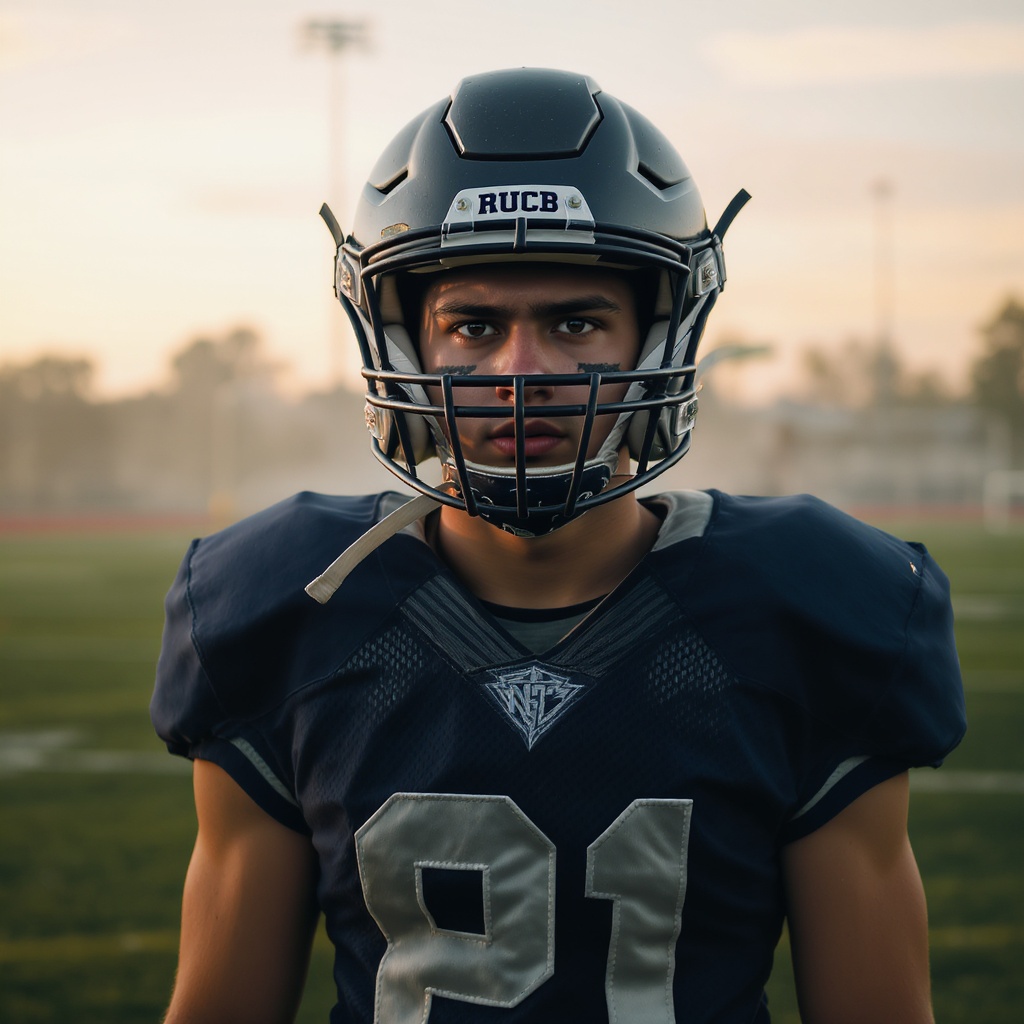 A high school football player in full defensive gear, game-ready stance, intense focus, helmet in hand, natural stadium lighting, pre-game moment, realistic not staged