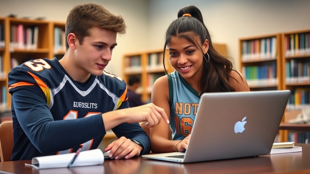 High school athletes studying together at a table with laptops and notebooks, textbooks open, collaborative and focused, library or study hall setting, natural light