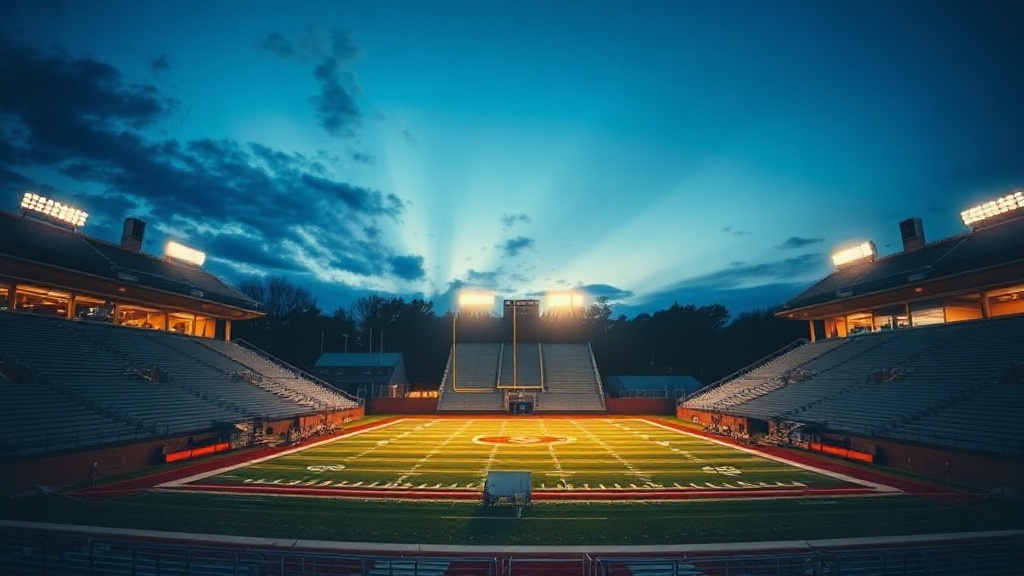 College football stadium at dusk, dramatic sky, floodlights on, empty bleachers and pristine field, aspirational but achievable, warm golden lighting