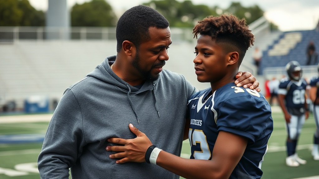 Father and teenage son in football gear sharing a proud emotional moment, standing together in garage or driveway, post-game celebration, authentic and heartfelt