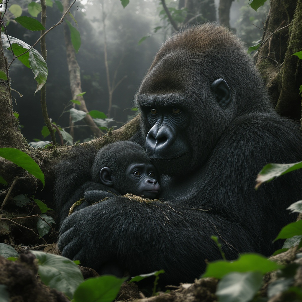 Mountain gorilla mother and infant in misty Rwandan forest