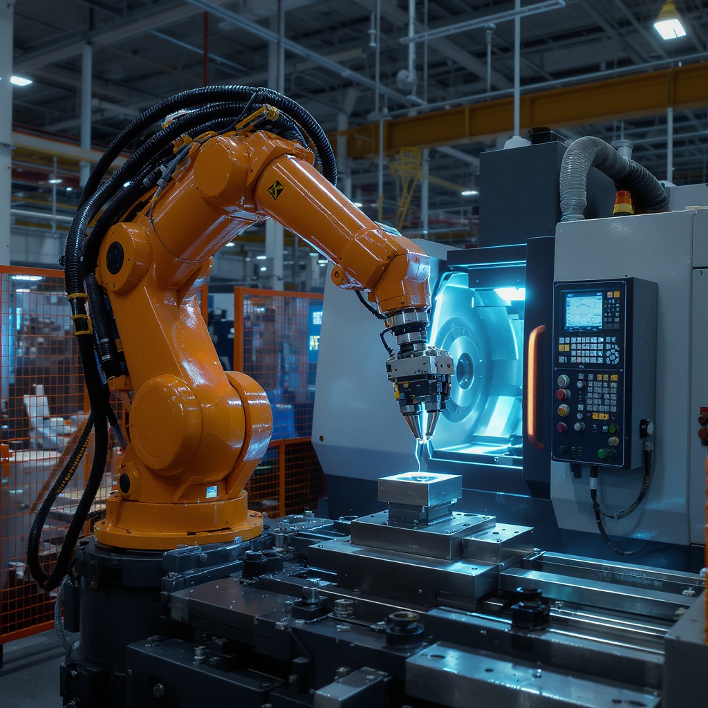 Industrial robot arm loading a metal workpiece into a CNC lathe in a modern machine shop