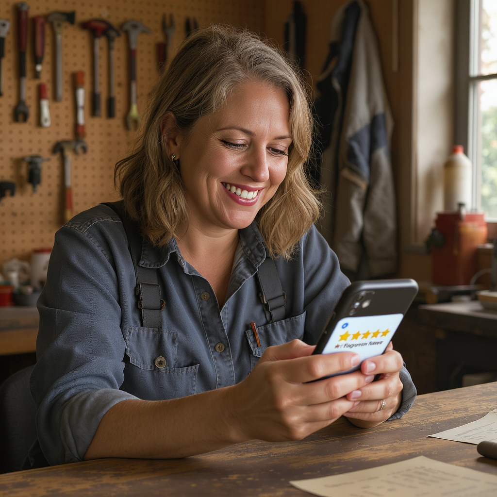 Small business owner reviewing a 5-star Google notification on phone