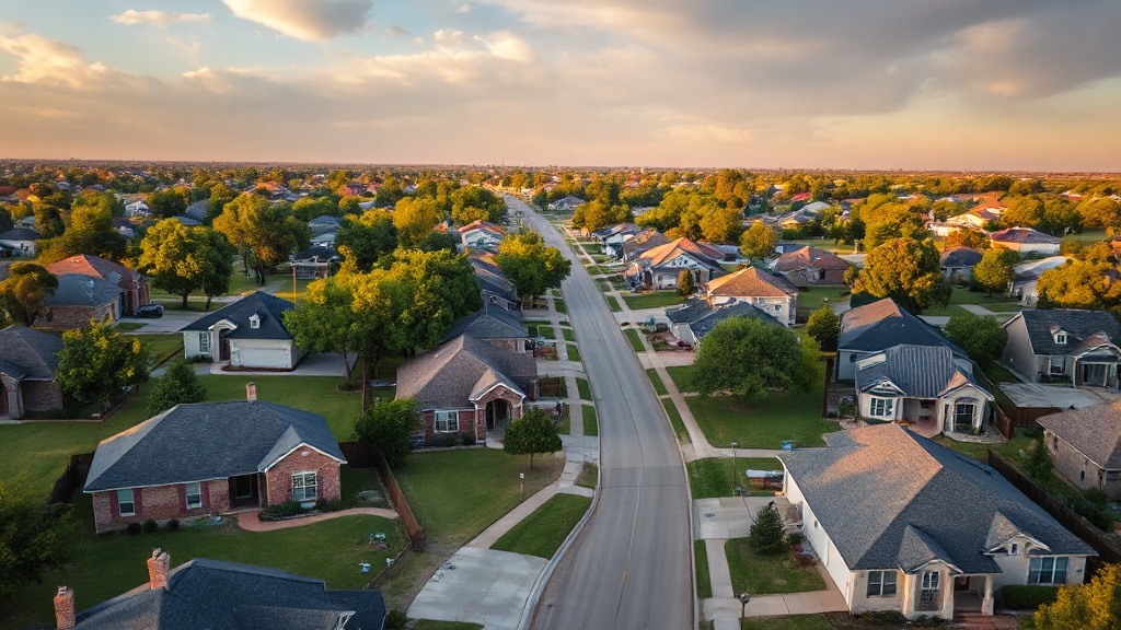 Aerial view of a residential Waco, Texas neighborhood with tree-lined streets and homes under a wide Central Texas sky