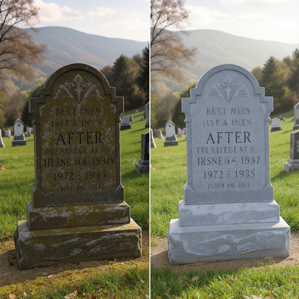 Same gravestone after professional stone cleaning and restoration