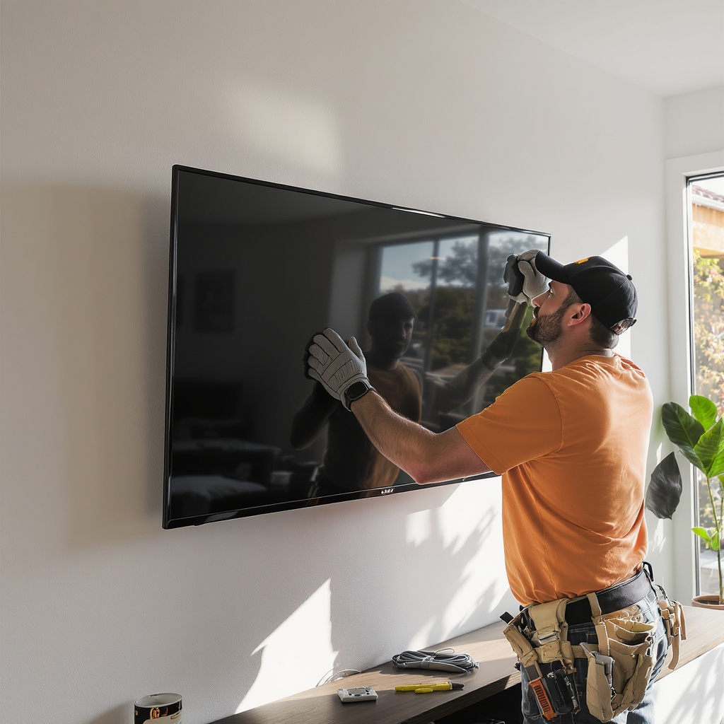 Handyman mounting a TV on a wall in a modern living room