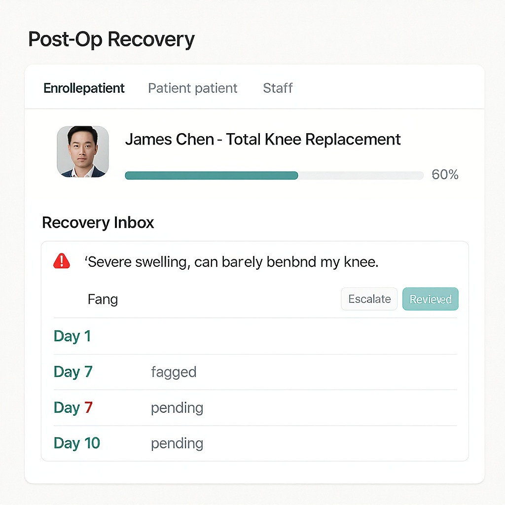 CaseFlow post-op recovery dashboard showing flagged patient responses