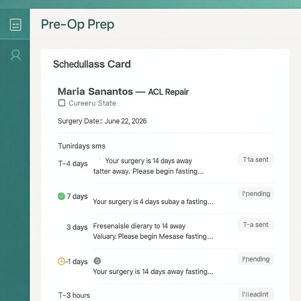 CaseFlow pre-op prep dashboard showing scheduled SMS timeline