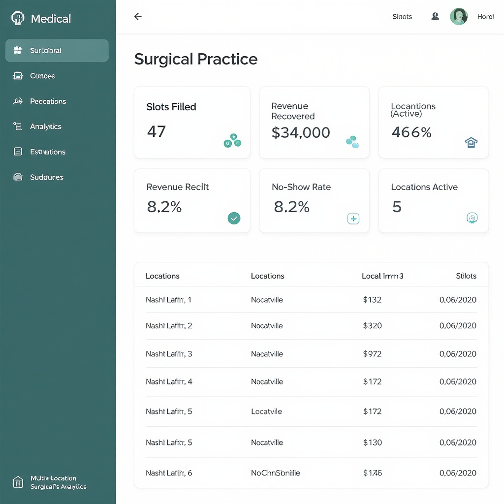 CaseFlow multi-location impact dashboard showing slot fill rates across 5 Nashville podiatry locations