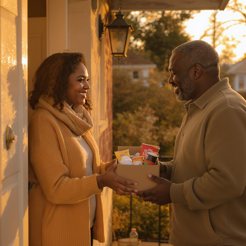 Two neighbors at a doorstep, one passing a box of goods to the other with a warm smile