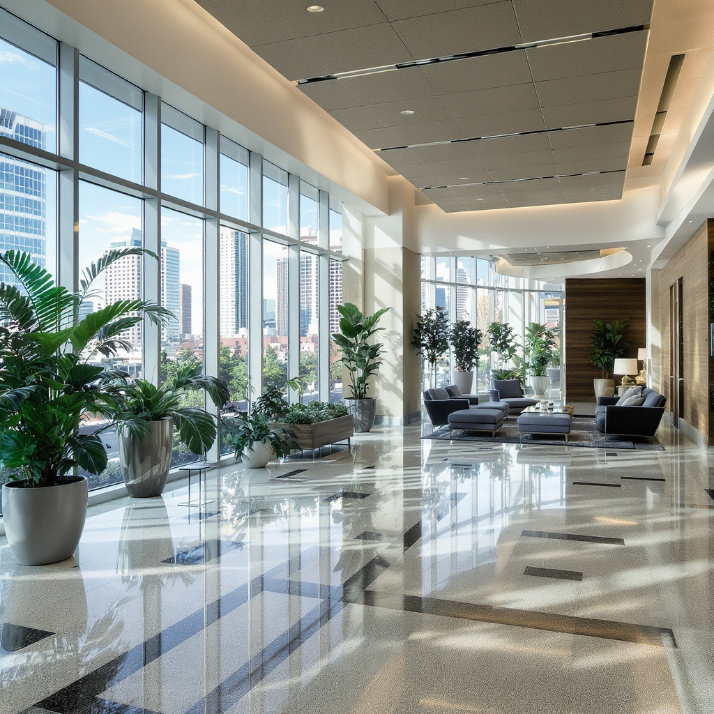 Professionally cleaned Denver commercial building lobby