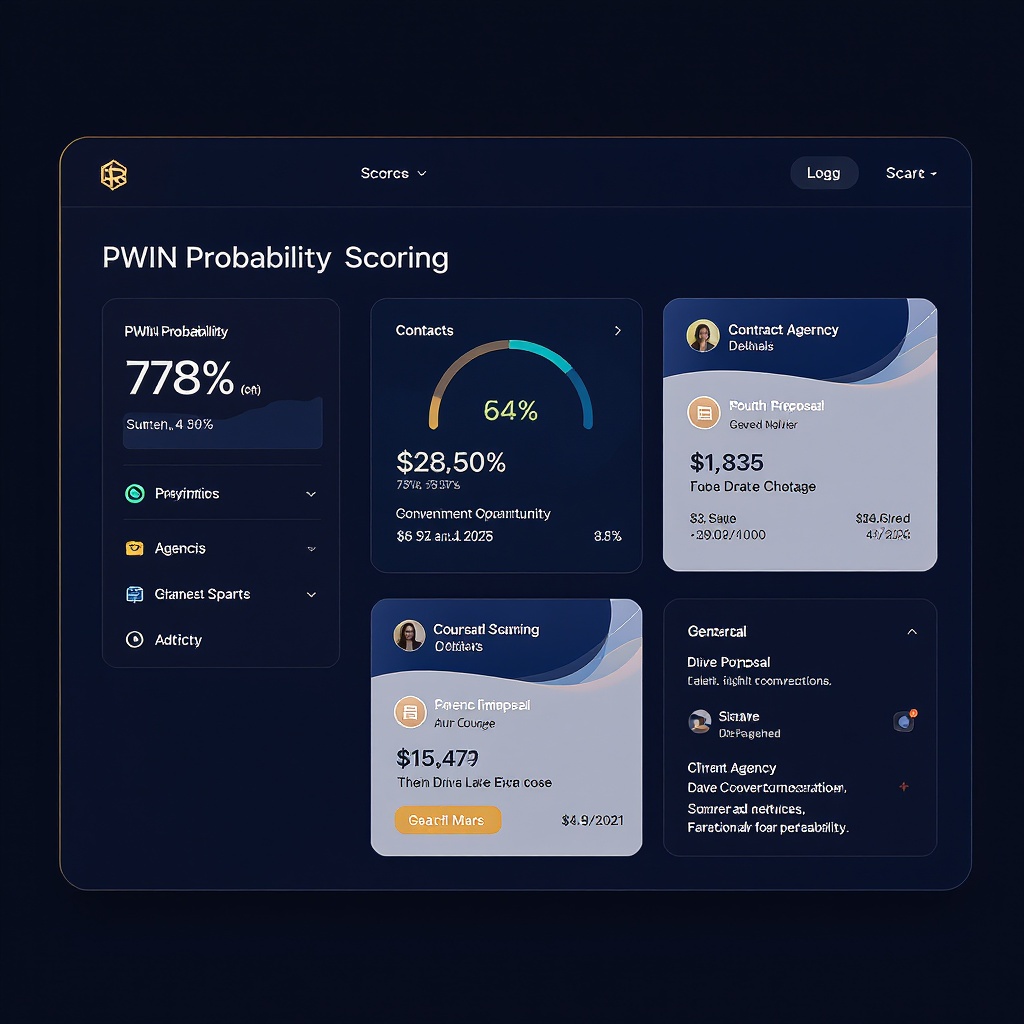 Reason PWIN platform dashboard showing probability scores, contract cards, and AI proposal panels