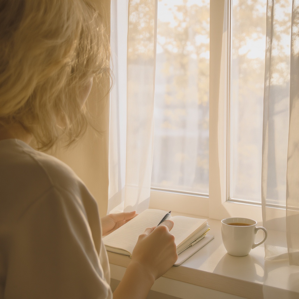 Calm morning journal scene with notebook and warm tea