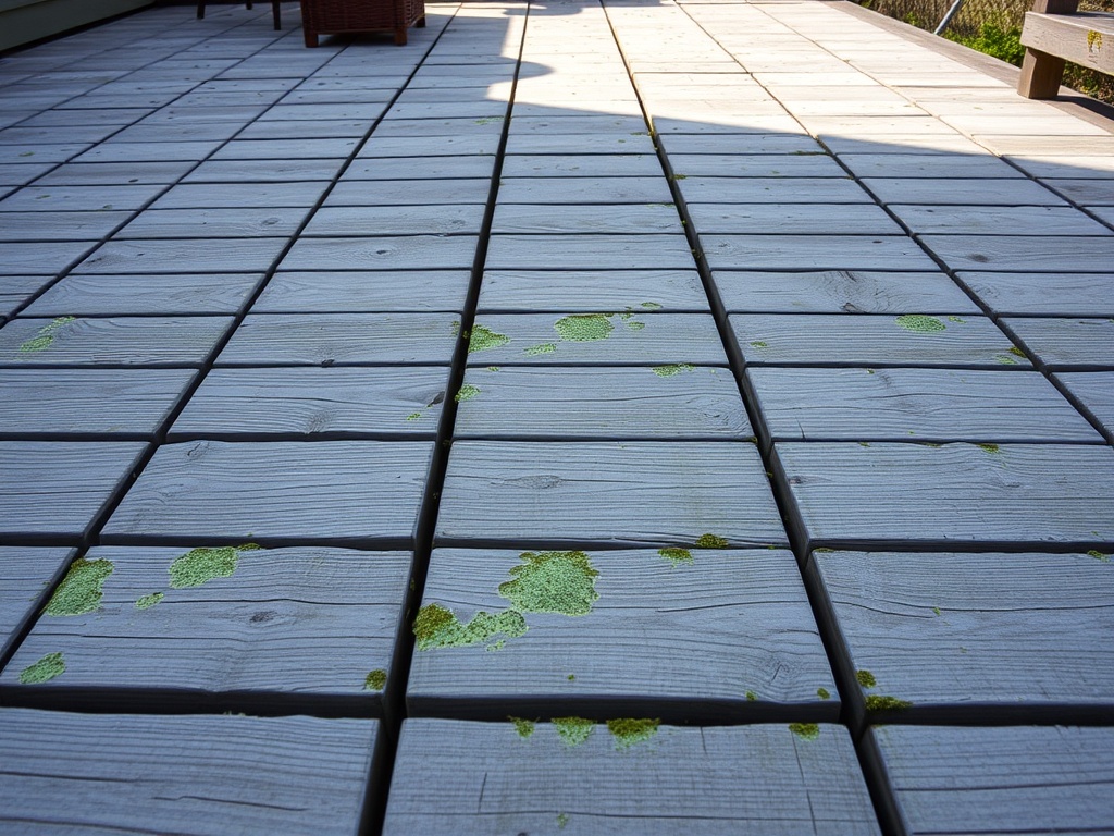 Wood deck surface before and after cleaning. — before cleaning