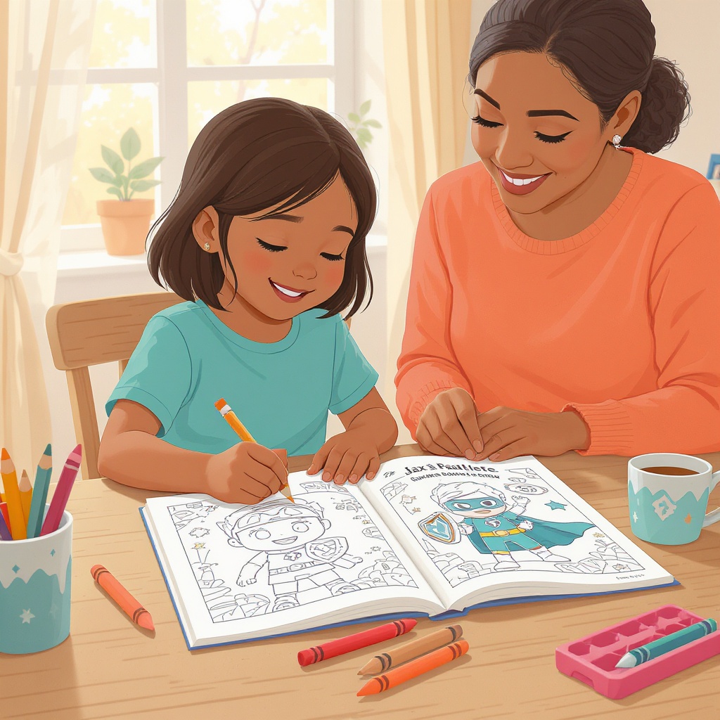 Parent and child coloring together at the kitchen table