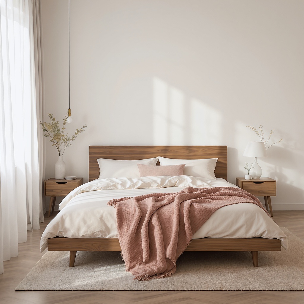 Walnut platform bed in serene bedroom