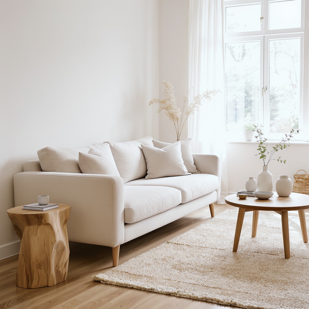 Scandinavian living room with linen sofa