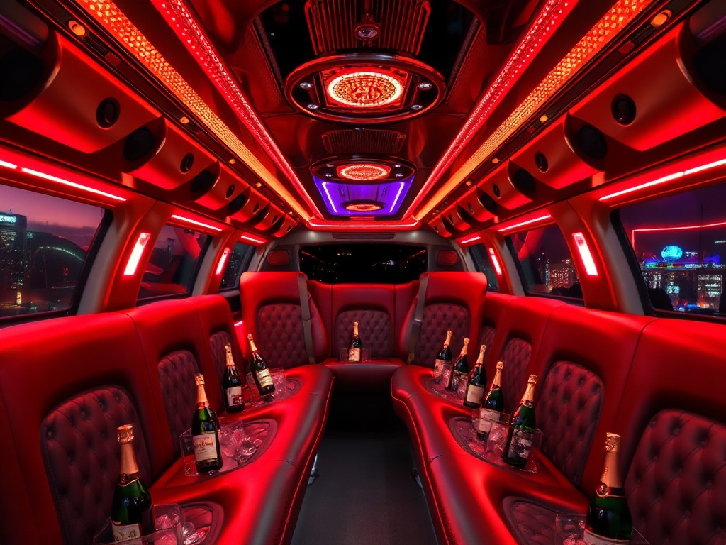 Stretch limousine interior with champagne setup