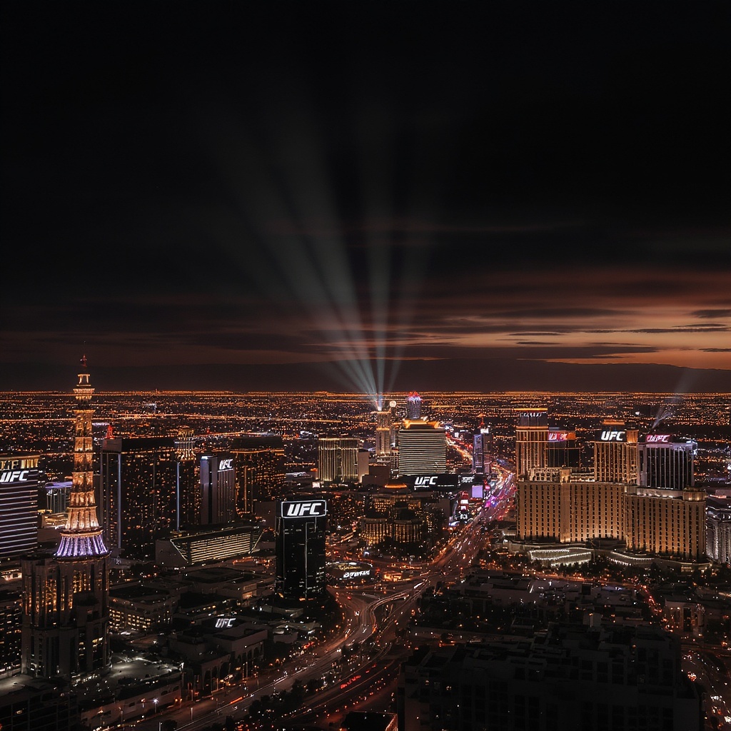 Las Vegas night skyline with NHL hockey game-day atmosphere