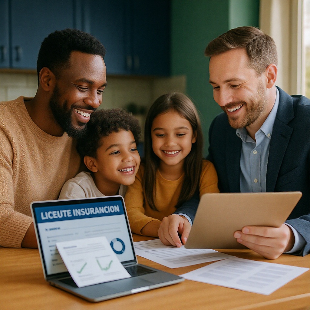 Family reviewing life insurance coverage with agent
