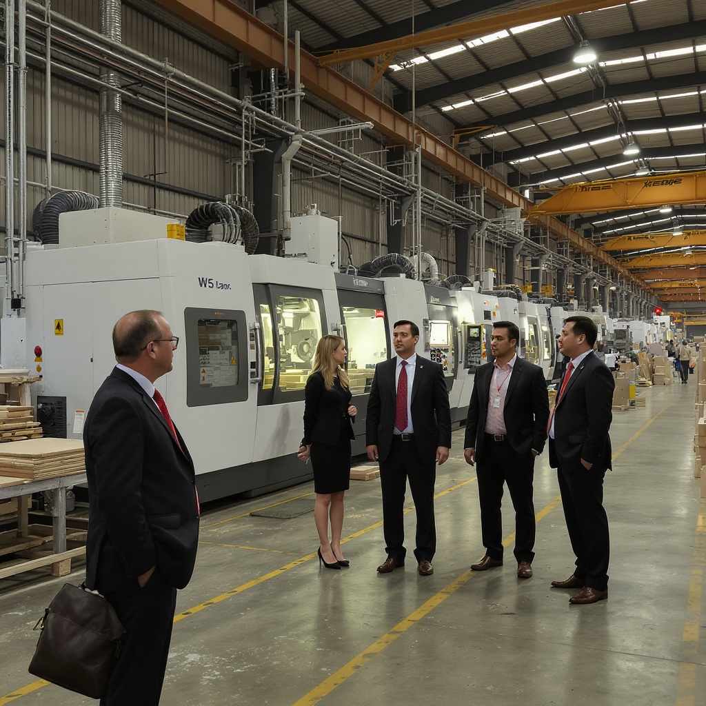 Factory visit — inspecting woodworking machinery in Foshan, China