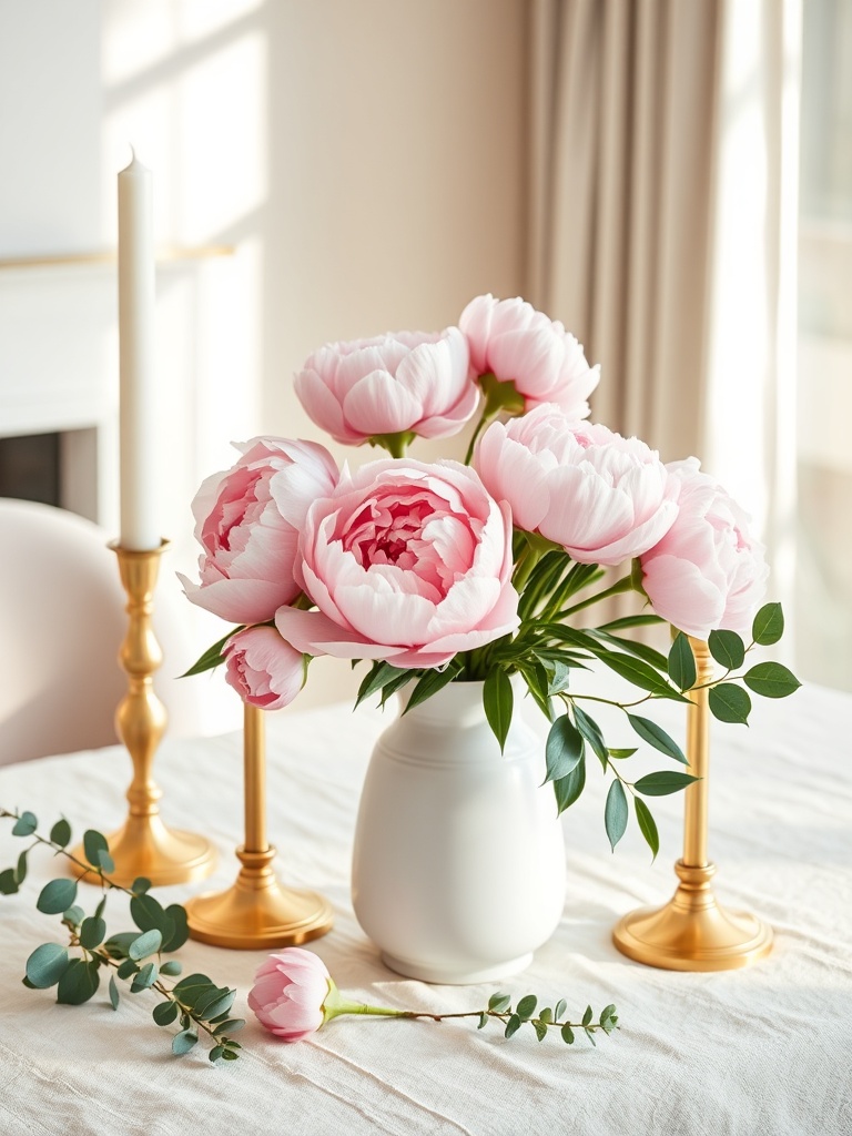 Luxury home lifestyle with fresh peonies in ceramic vase and gold candlestick on linen
