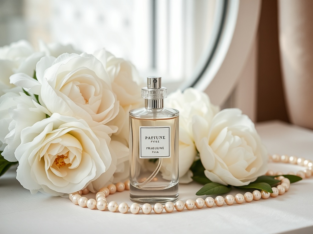 Luxury crystal perfume atomizer on vanity beside white peonies and pearl necklace on linen