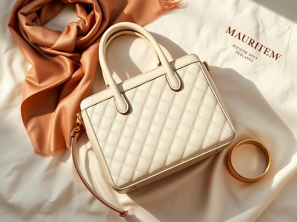 Designer handbag flatlay on cream linen with quilted leather bag and gold hardware