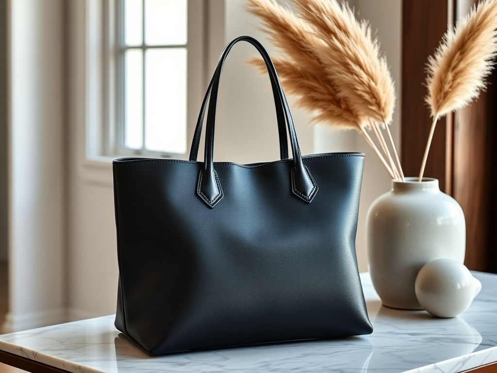 Designer black leather handbag on marble entryway beside ceramic vase and dried pampas grass