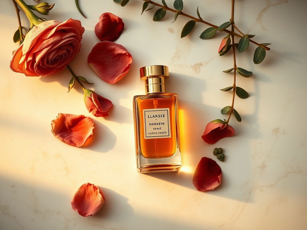 Luxury perfume bottle flatlay on cream marble with amber glass, gold cap, dried roses and eucalyptus