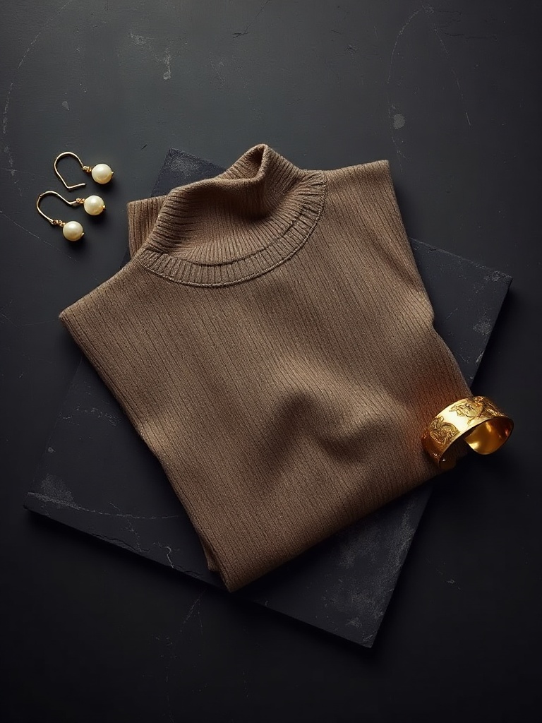 Fashion editorial with cashmere turtleneck and pearl earrings on dark slate