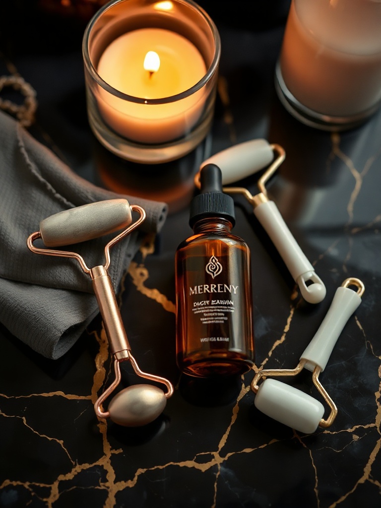 Luxury skincare night routine with rose gold facial roller on black marble
