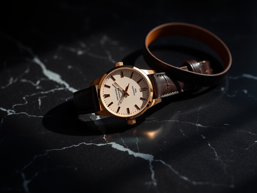 Luxury watch editorial on black marble with rose gold wristwatch and leather strap